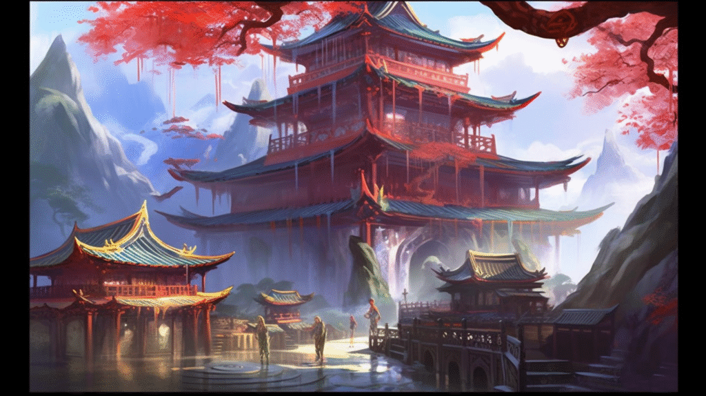 tfox a chinese style building with red and golden eaves a monst be3d947f 4a60 4670 94a8 be2c5c768b7a